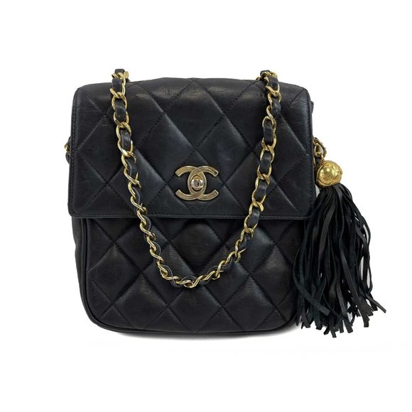 CHANEL, Bags, Chanel Small Square Flap Leather Vintage Gold Cc Tassel  Black Crossbody Handbag